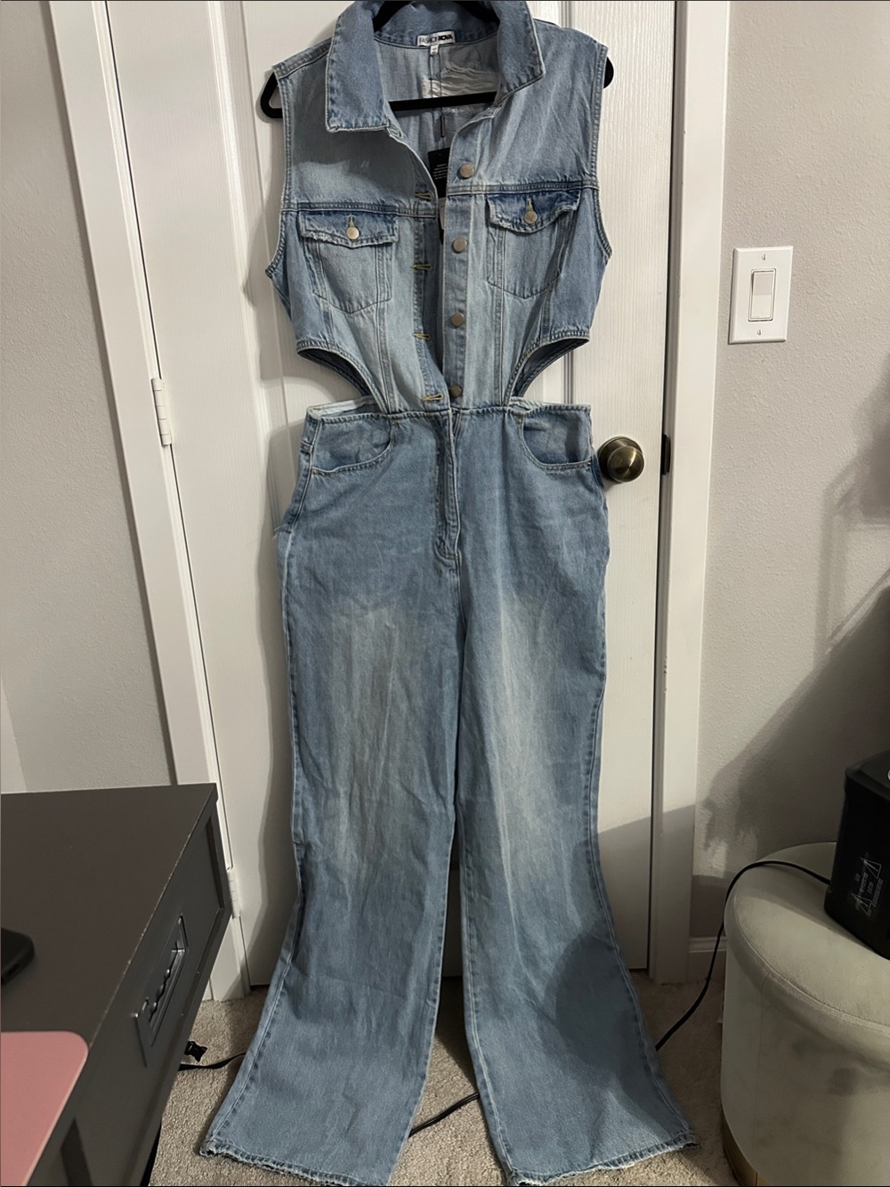 Fashion Nova Light Blue Denim Cutout Flare Jumpsuit